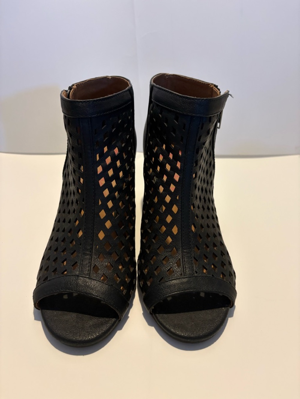 Womens Black Perforated Peep-Toe Ankle Booties